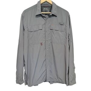 Eddie Bauer Ripstop Shirt Mens Large Grey Long Sleeve Convertible Hiking Fishing